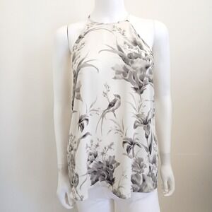 Ann Taylor LOFT Halter Top Women Small White Gray Floral Bird Print